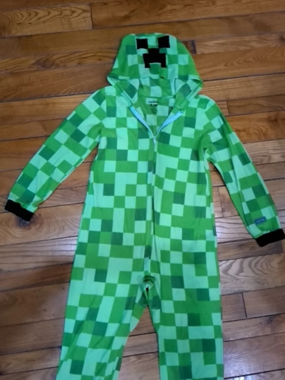 Kids Minecraft Green Pixel-Print One-Piece Hooded Pajamas